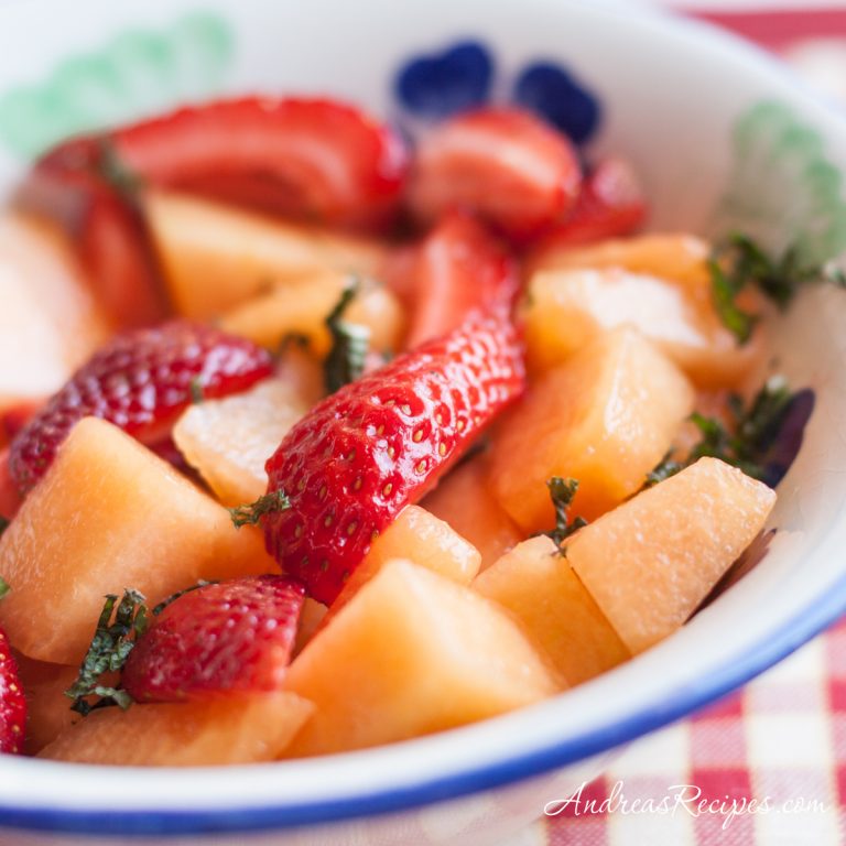 Cantaloupe Strawberry Salad with Lime Syrup and Mint - Andrea Meyers