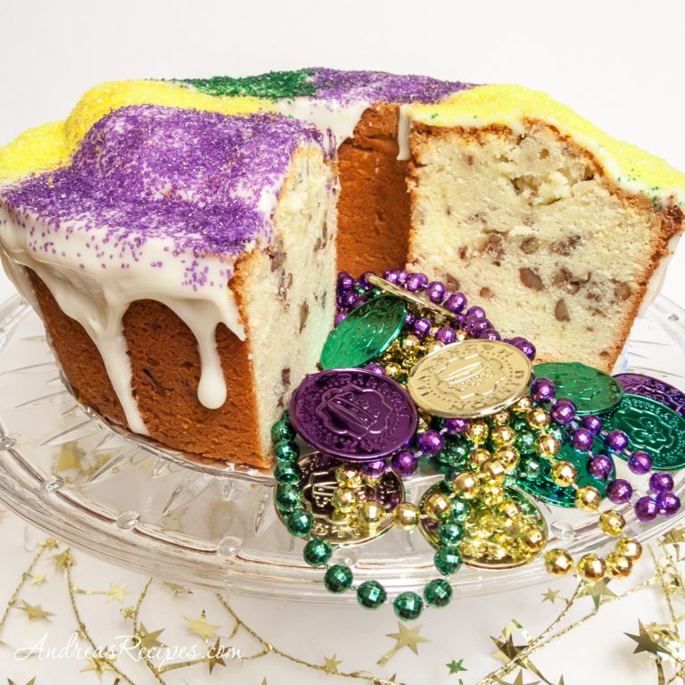 Mardi Gras Cream Cheese Pound Cake with Bourbon and Pecans - Andrea Meyers