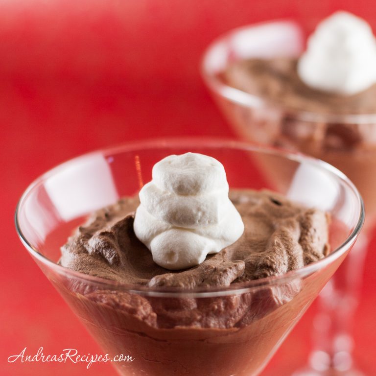 Chocolate Mousse in martini glasses with a dollop of whipped cream on top, photo by Andrea Meyers