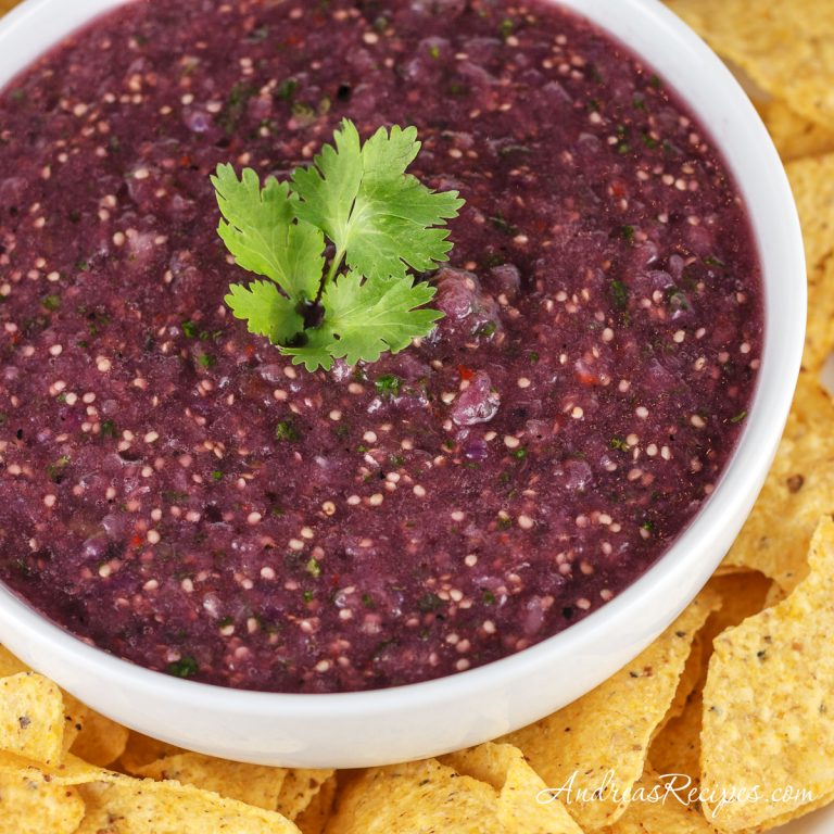 Oven-Roasted Tomatillo Salsa with purple tomatillos - Andrea Meyers