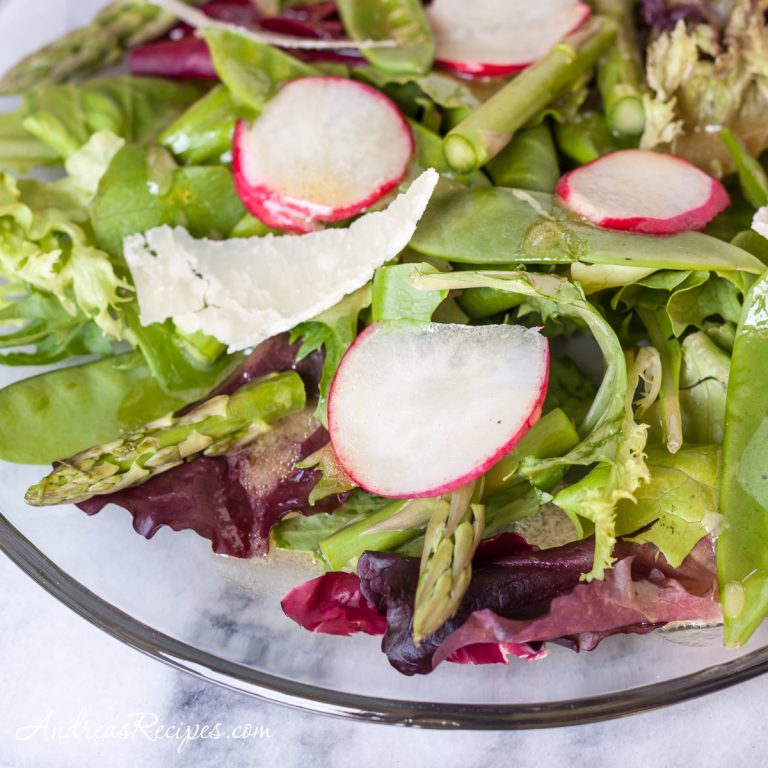 Spring Greens Salad with Asparagus, Snow Peas, Radishes, and Honey Dijon Vinaigrette - Andrea Meyers