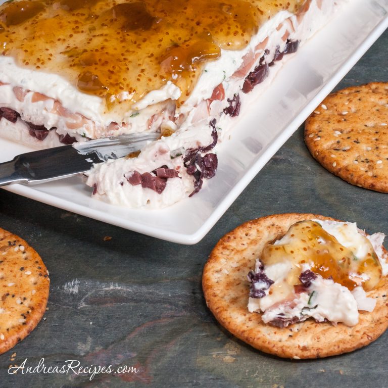 Creamy Cheese Torta with Prosciutto, Kalamata Olives, and Fig Jam - Andrea Meyers