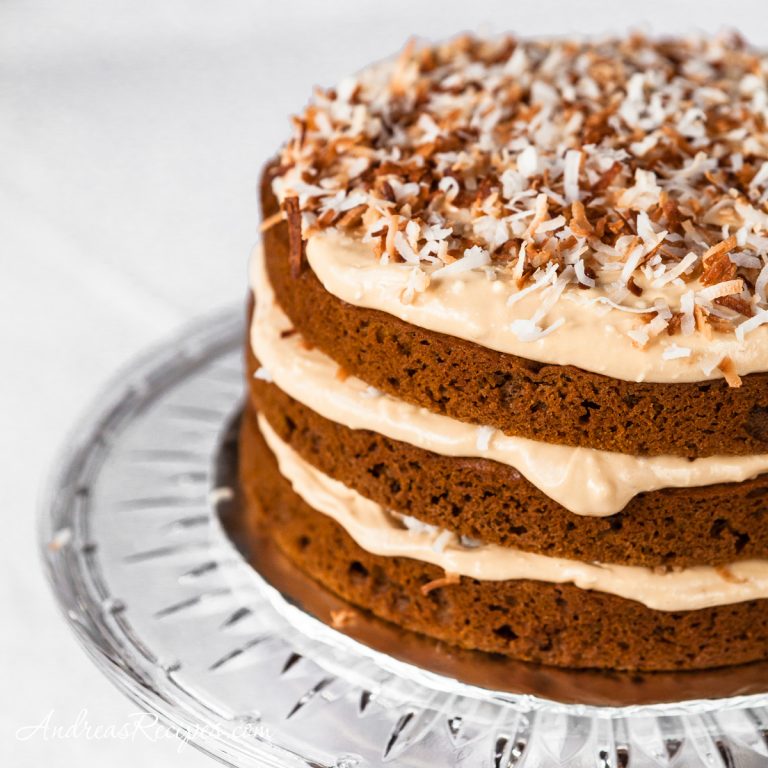 Spiced Pumpkin Layer Cake with Dulce de Leche Cream Cheese Frosting and Toasted Coconut - Andrea Meyers
