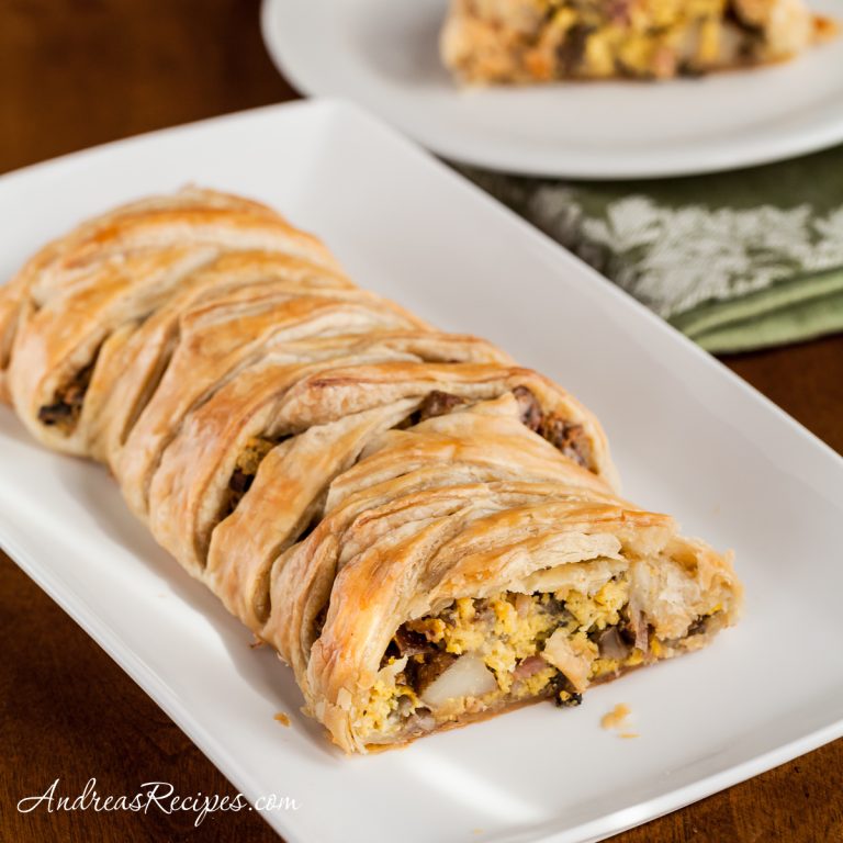 Puff Pastry Breakfast Braid with Eggs, Ham, Potatoes, Mushrooms, and Goat Cheese - Andrea Meyers