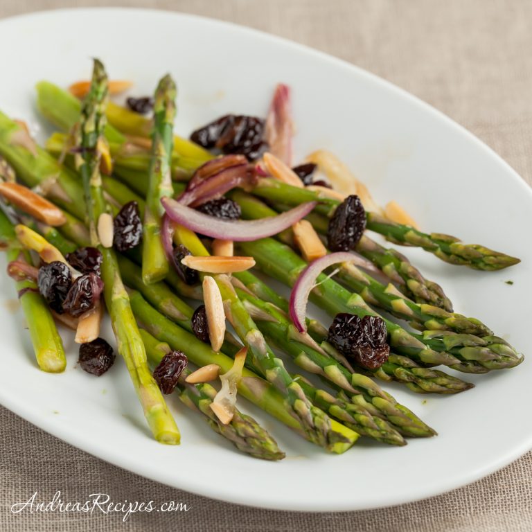 Steamed Asparagus with Red Onions, Almonds, and Raisins - Andrea Meyers