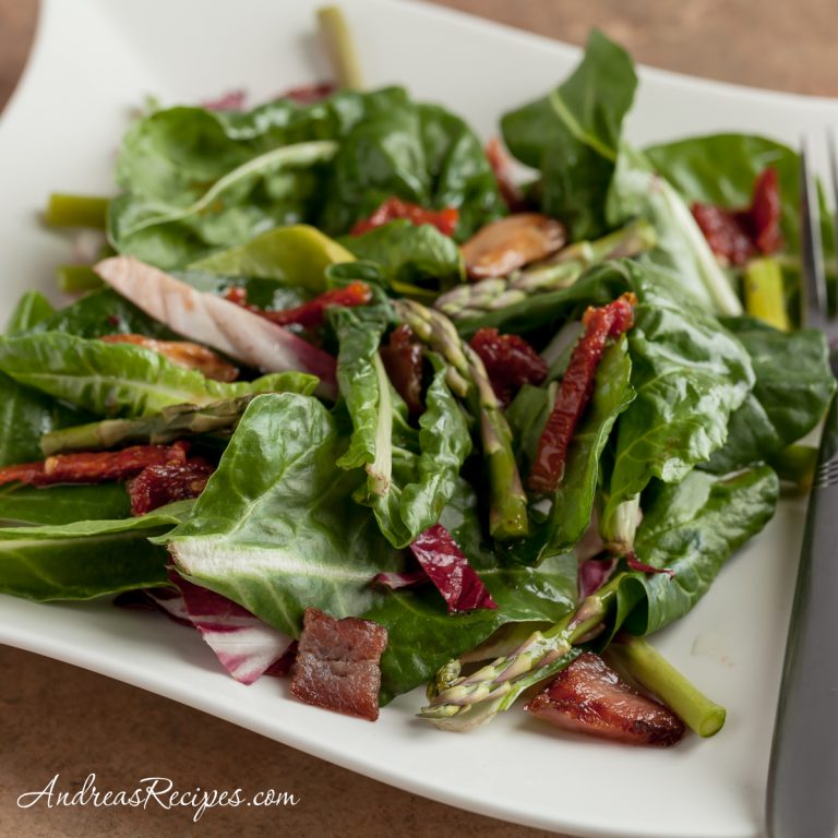 Baby Chard Salad with Asparagus, Sun-Dried Tomatoes, and Hot Bacon Vinaigrette - Andrea Meyers